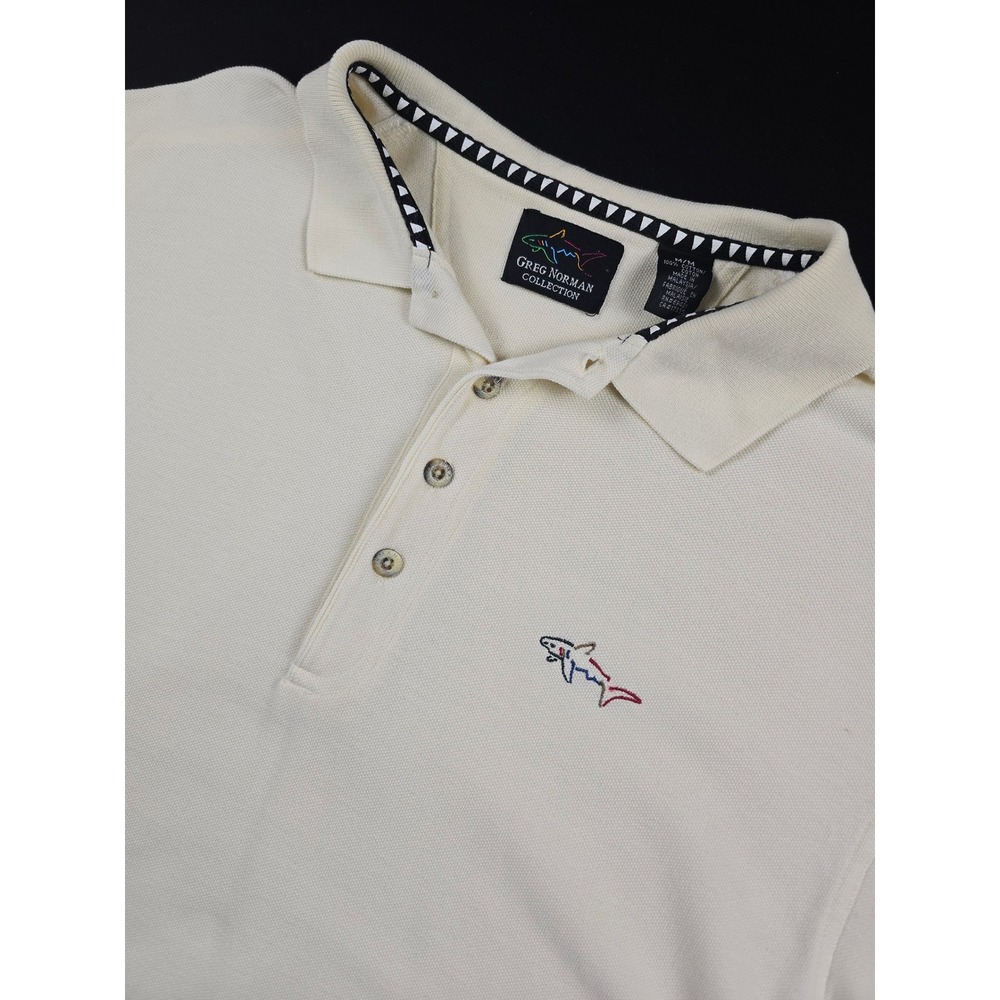Greg Norman Collection Mens Cream Cotton Pique Shark Logo Polo Shirt Size M